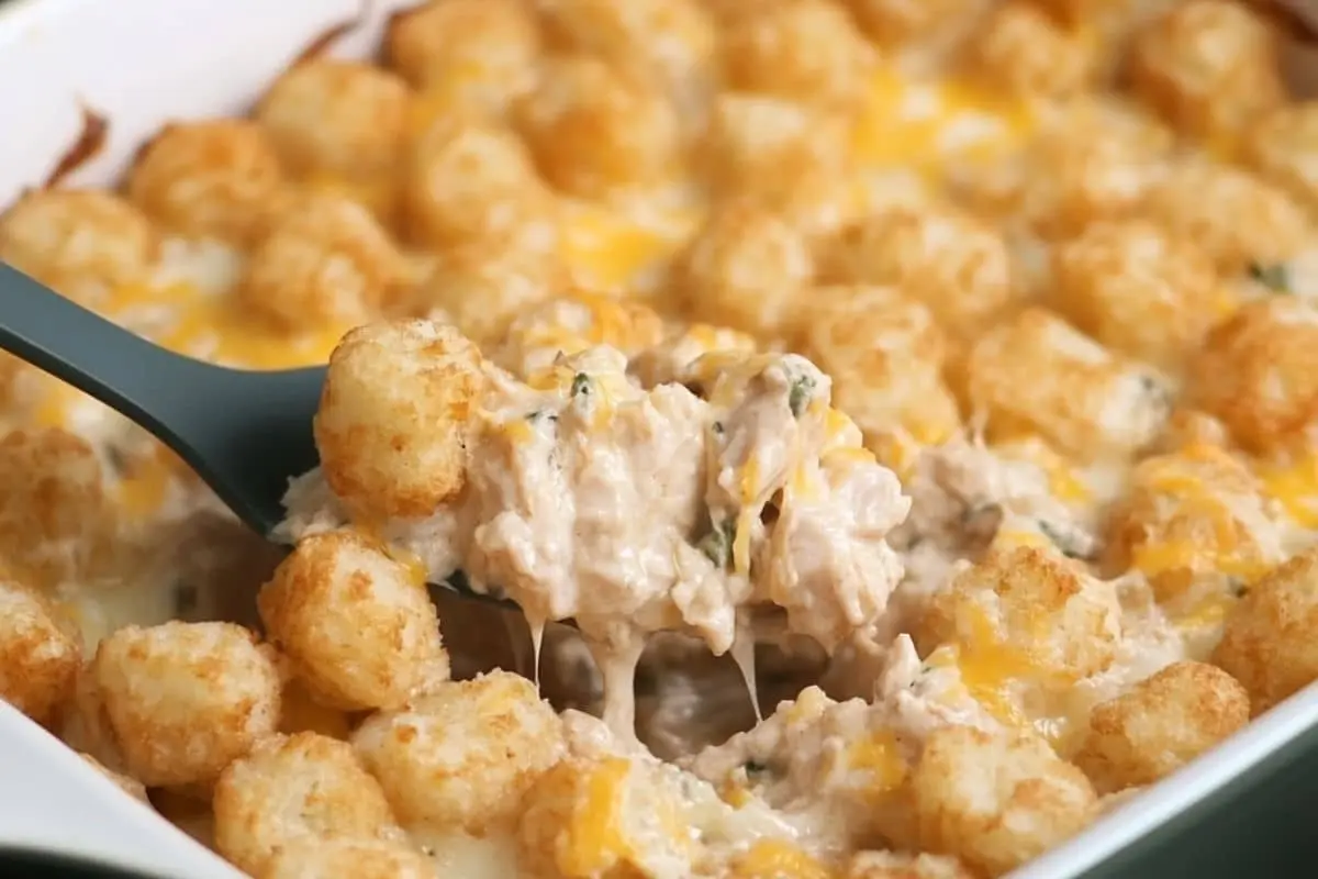 A spoonful of creamy chicken tater tot casserole with melted cheese being lifted from a baking dish.