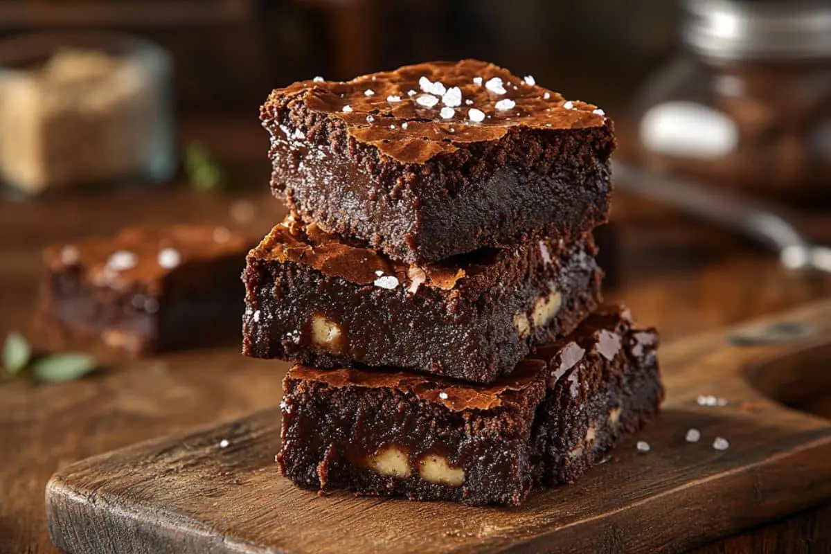 A stack of fudgy sourdough brownies with a crackly top, nuts, and flaky sea salt on a wooden board.