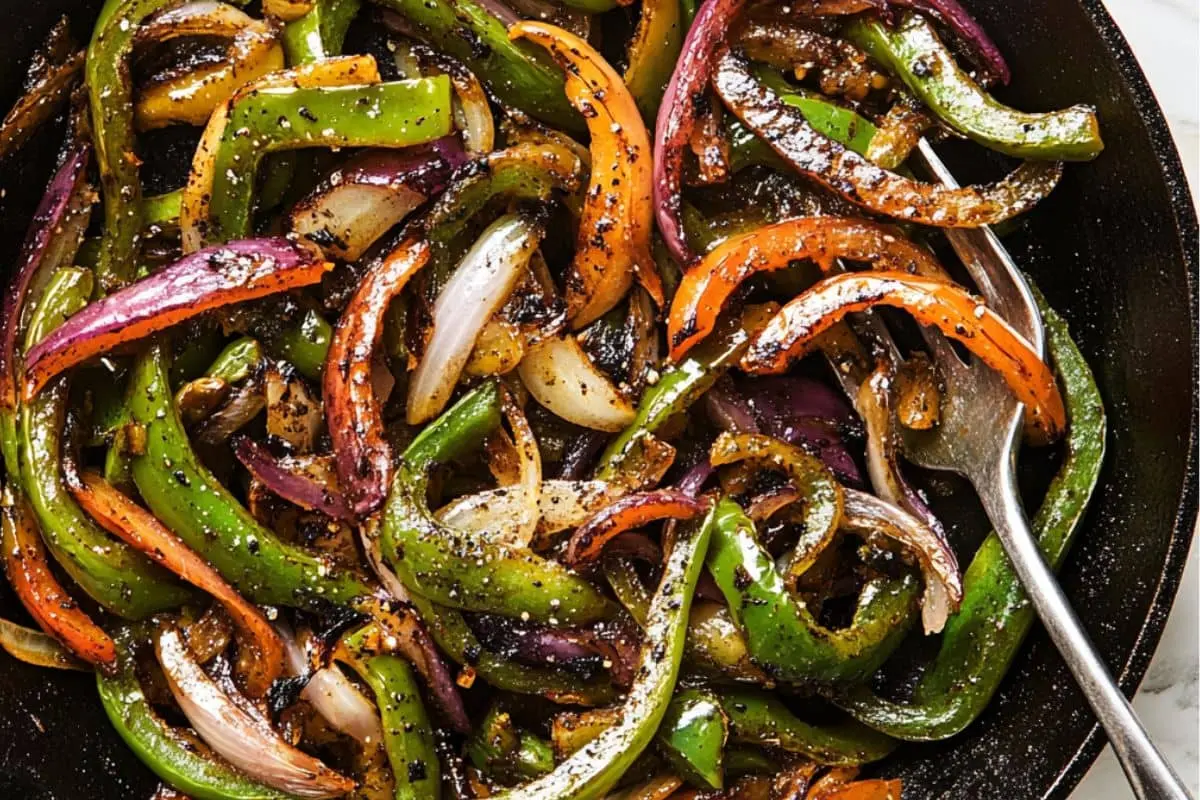 A close-up of sautéed Chipotle fajita veggies with green bell peppers, red onions, and orange bell peppers in a skillet, glistening with seasoning